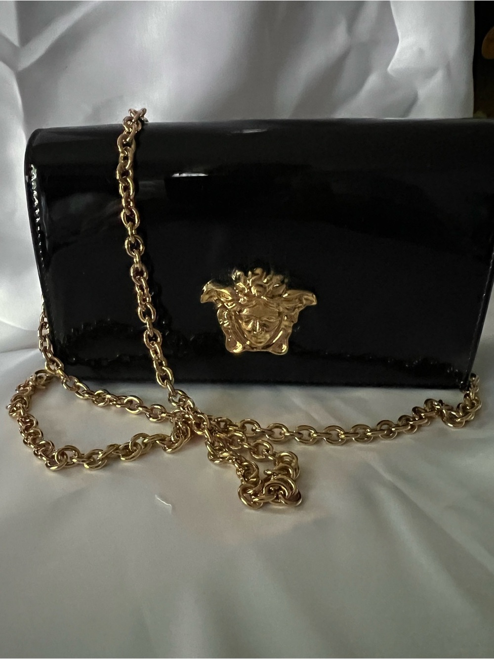 Versace Black Patent Leather Crossbody with Gold Medusa Hardware